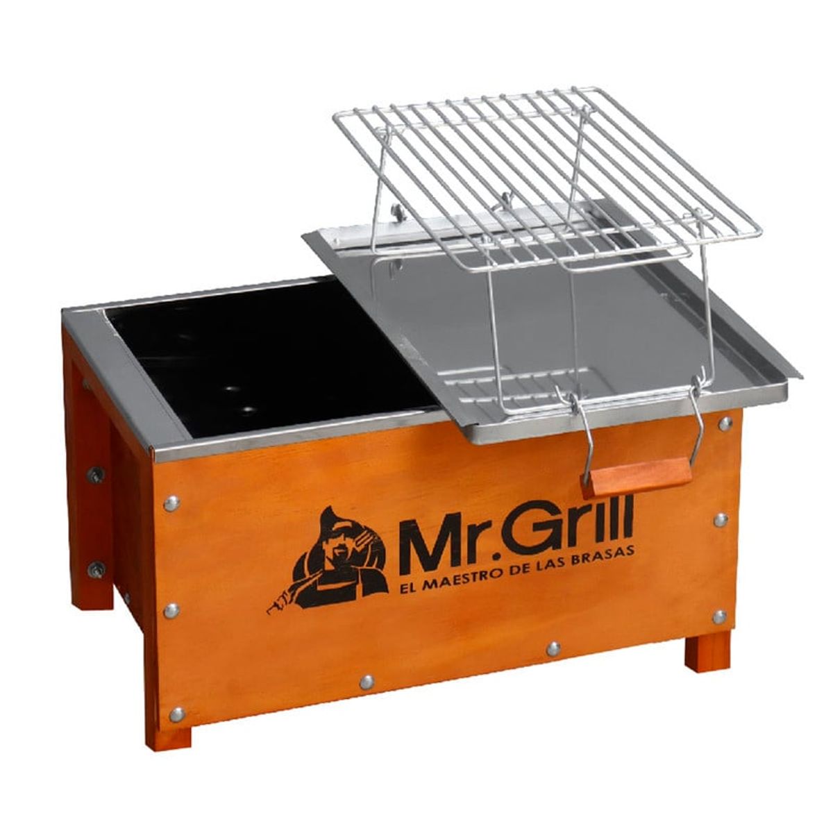 MR GRILL - Caja China Mini Nogal Mixta con Parrillas de Varillas