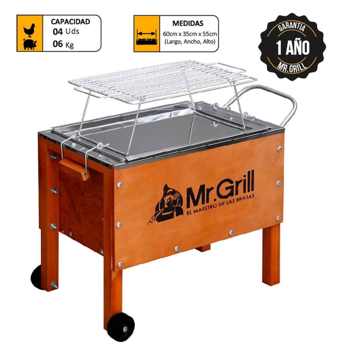 MR GRILL - Caja China Mediana Jr Nogal Mixta  con Parrillas de Varillas