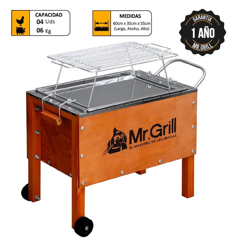 MR GRILL - Caja China Mediana Jr Nogal Mixta  con Parrillas de Varillas