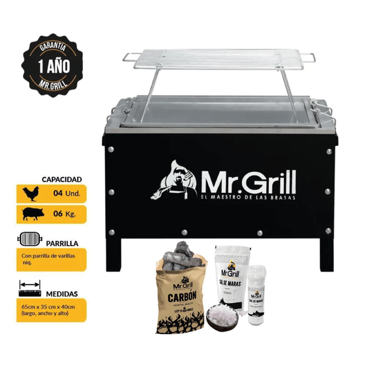 MR GRILL - Caja China Mediana Jr Sr Mixta + Varillas + Carbón + Kit Sal de Maras
