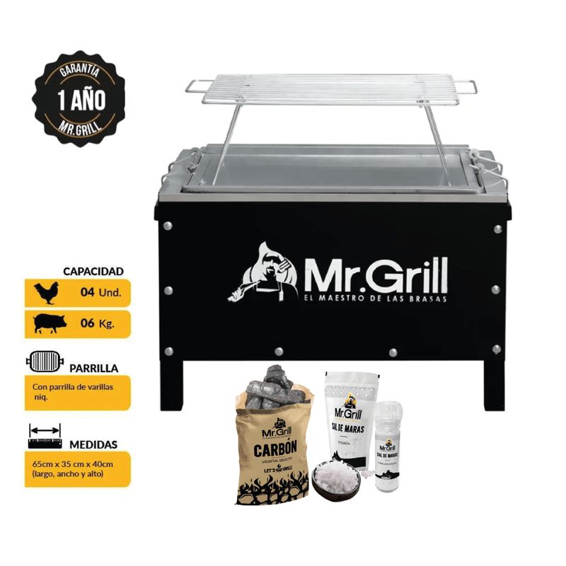 MR GRILL - Caja China Mediana Jr Sr Mixta + Varillas + Carbón + Kit Sal de Maras