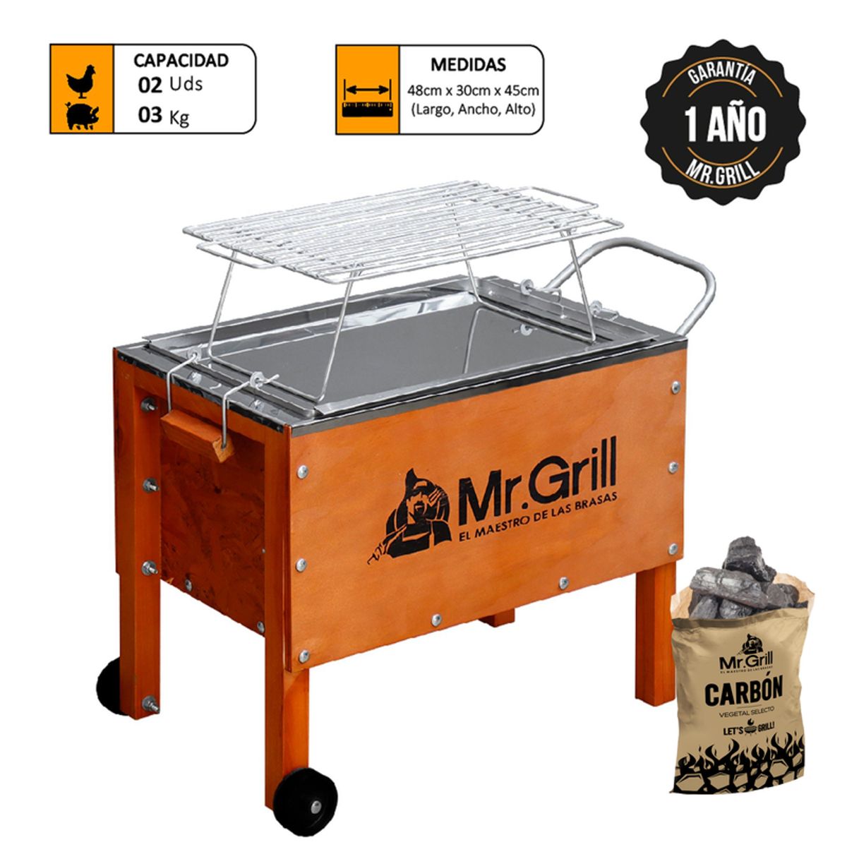 MR GRILL - Caja China Chica Mixta + Parrilla Varilla + Carbón Vegetal