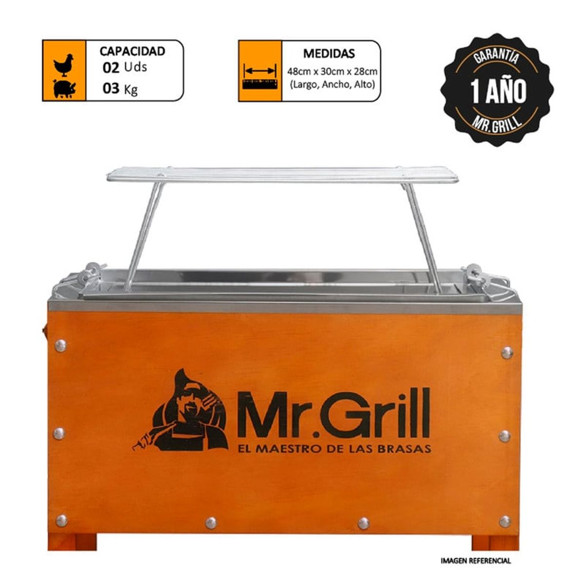 MR GRILL - Caja China Mini Nogal Acero Inoxidable con Parrillas de Varillas