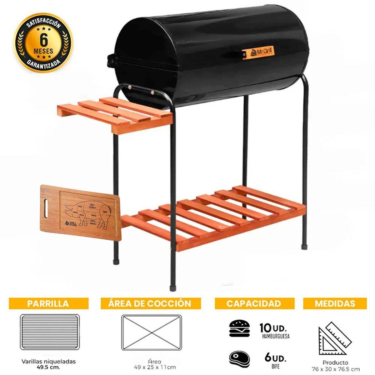 MR GRILL - Parrilla Cilíndrica con Tapa Mediana + Tabla Pig