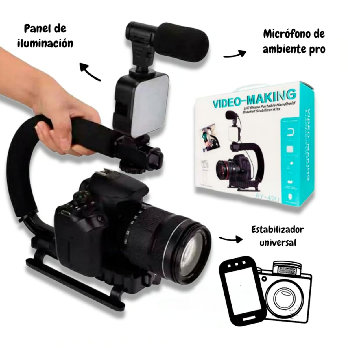 GENERICO - Estabilizador Video Celular Camara y GoPro + Panel Led + Control + Mic