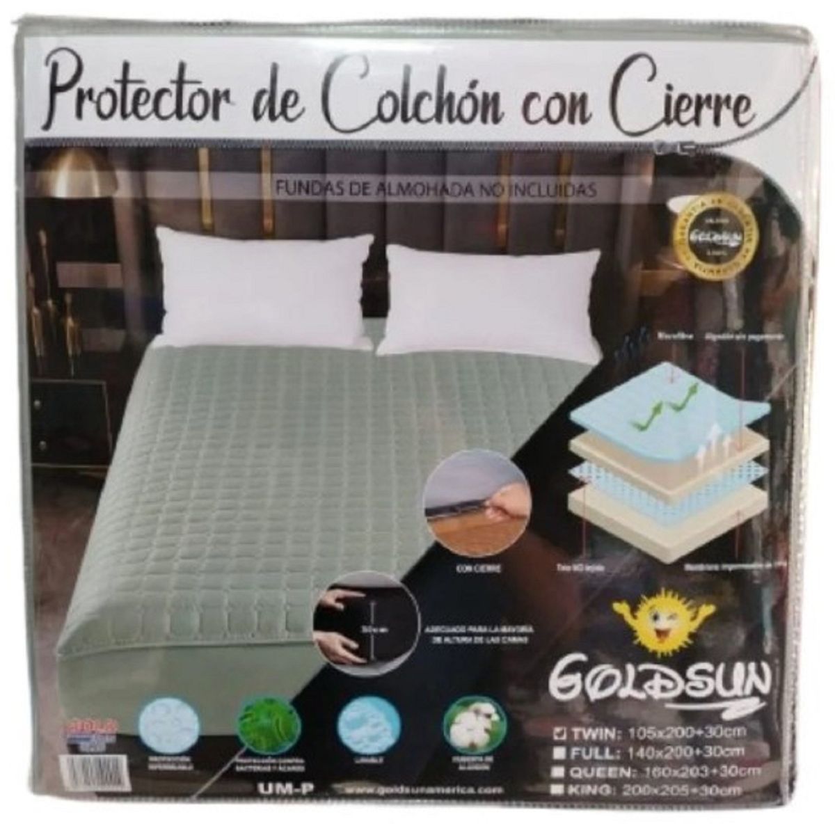 GENERICO - PROTECTOR COLCHÓN 2 PLAZAS ALGODÓN PIMA IMPERMEABLE CON CIERRE