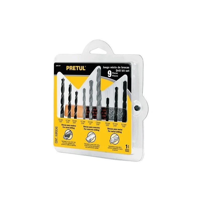 PRETUL - Set de Juego de 9  Brocas Metal, Concreto y Madera