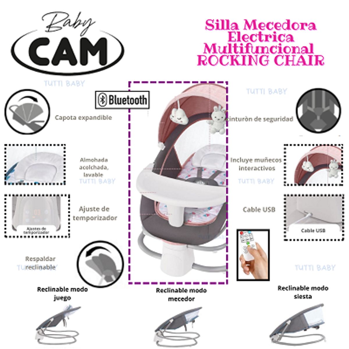 CAM - SILLA DE COMER  MECEDORA ELECTRICA FUNCION BLUETOOTH-ROSADO