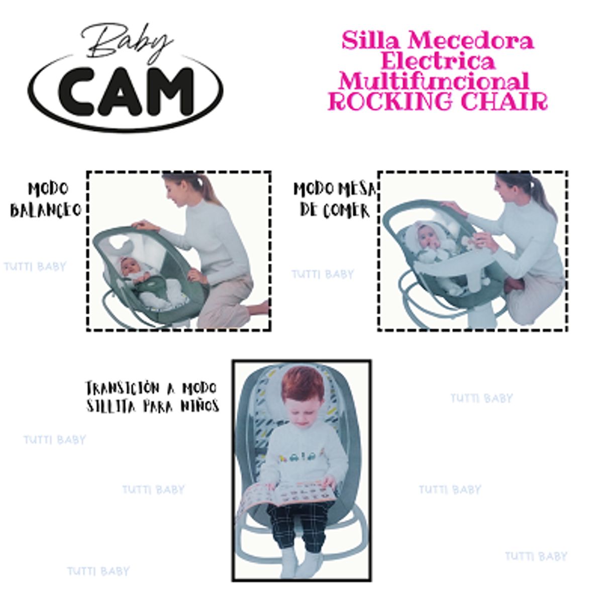 CAM - SILLA DE COMER  MECEDORA ELECTRICA FUNCION BLUETOOTH-ROSADO