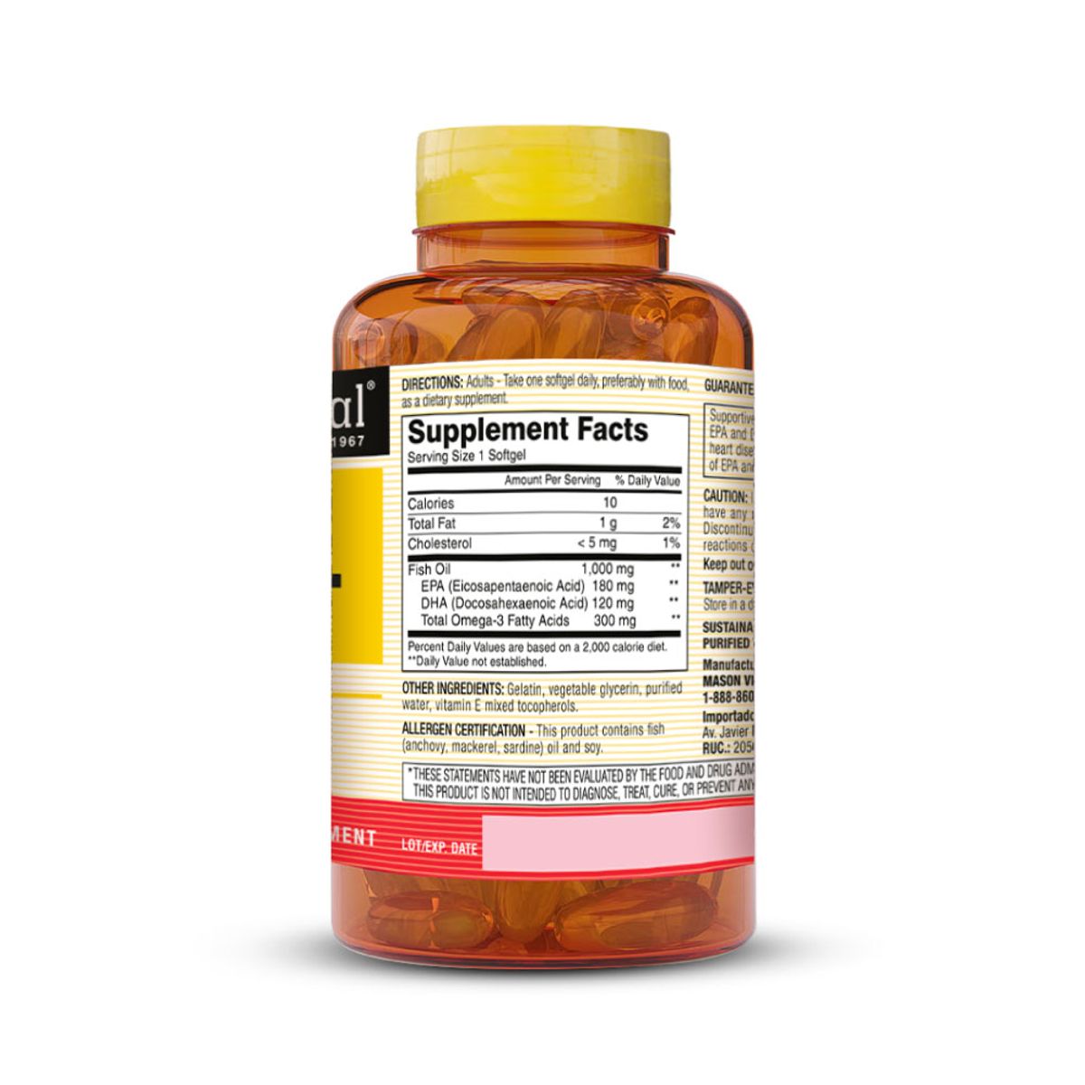 MASON NATURAL - Omega 3 Aceite de Pescado 1000 MG - Mason Natural- 60 Cápsulas Blandas