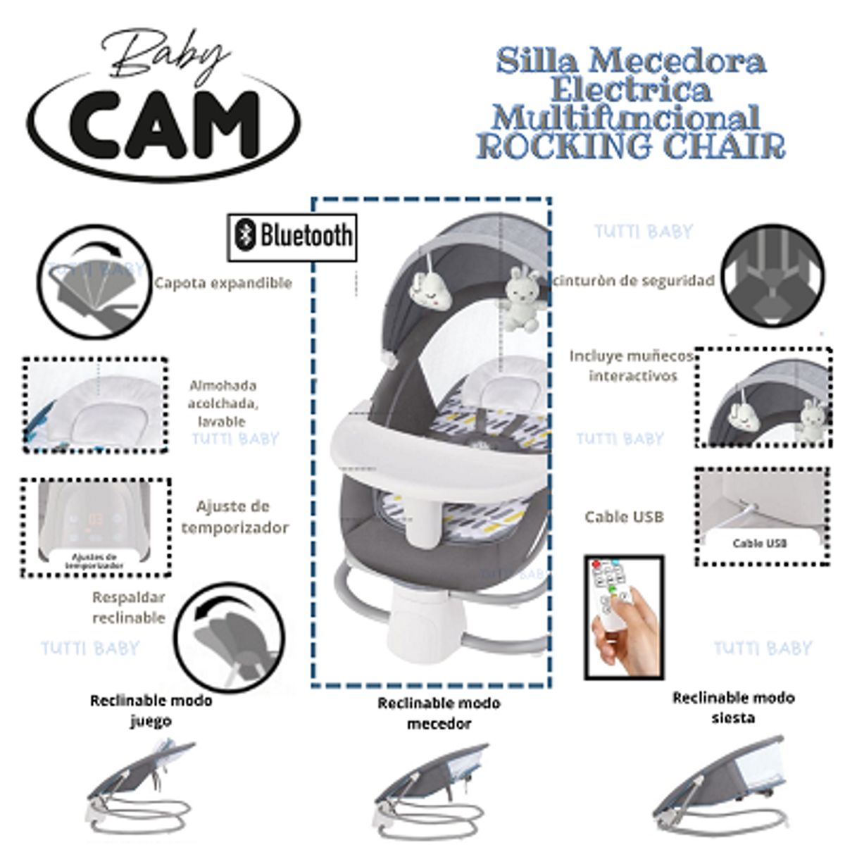 CAM - SILLA DE COMER  MECEDORA ELECTRICA  FUNCION BLUETOOTH-GRIS