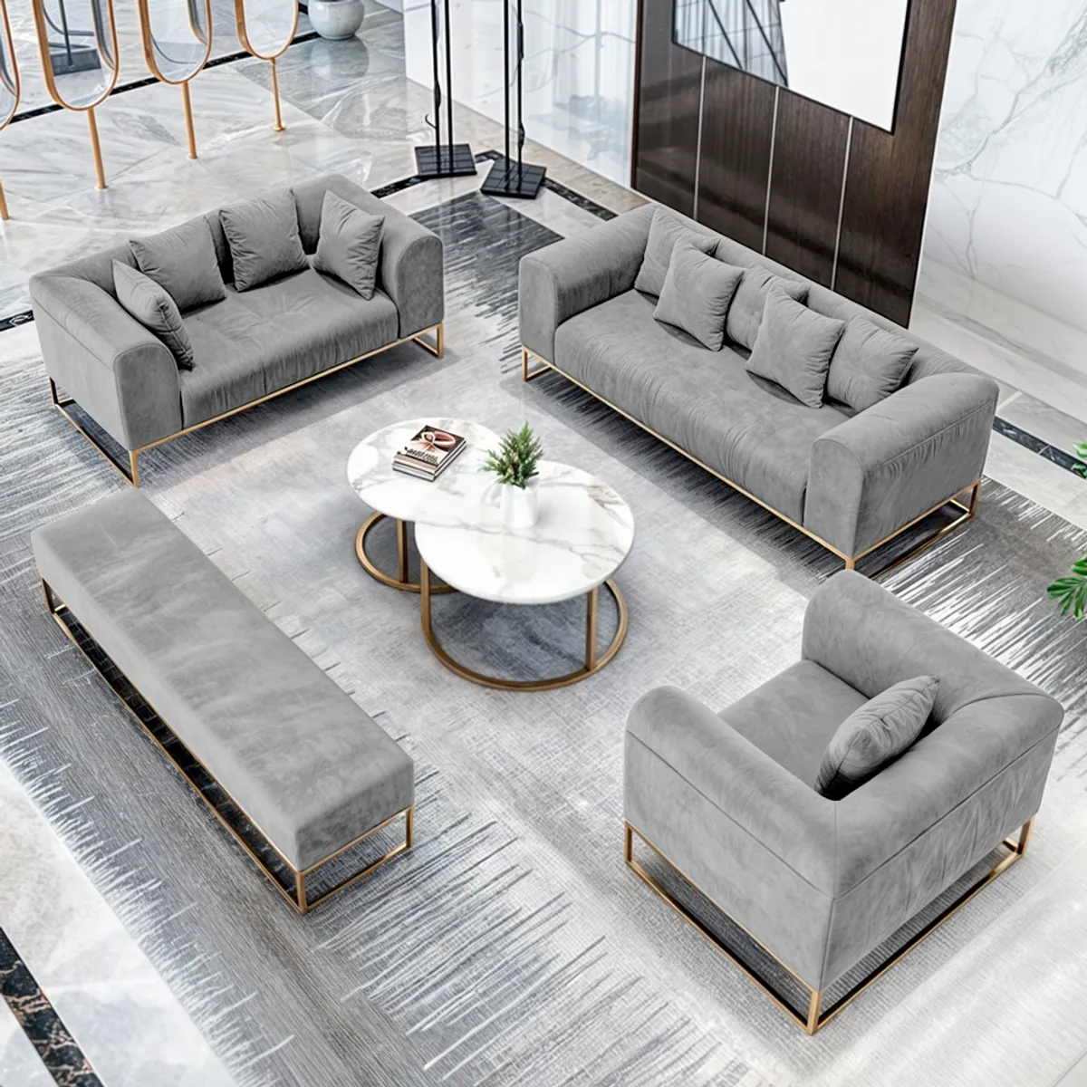 BARAKA HOME - Juego de sala 3 2 1 Dolneni + Banqueta + Mesa de centro - Gris claro