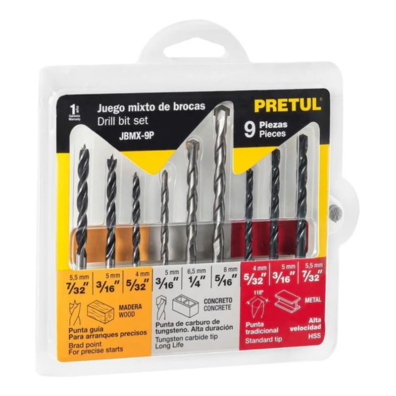 PRETUL - Set de Juego de 9  Brocas Metal, Concreto y Madera