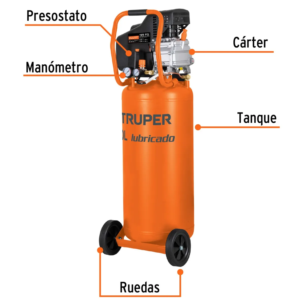 TRUPER - Compresor de aire 80Lt 3-12HP manguera de aire pistola fino acabado