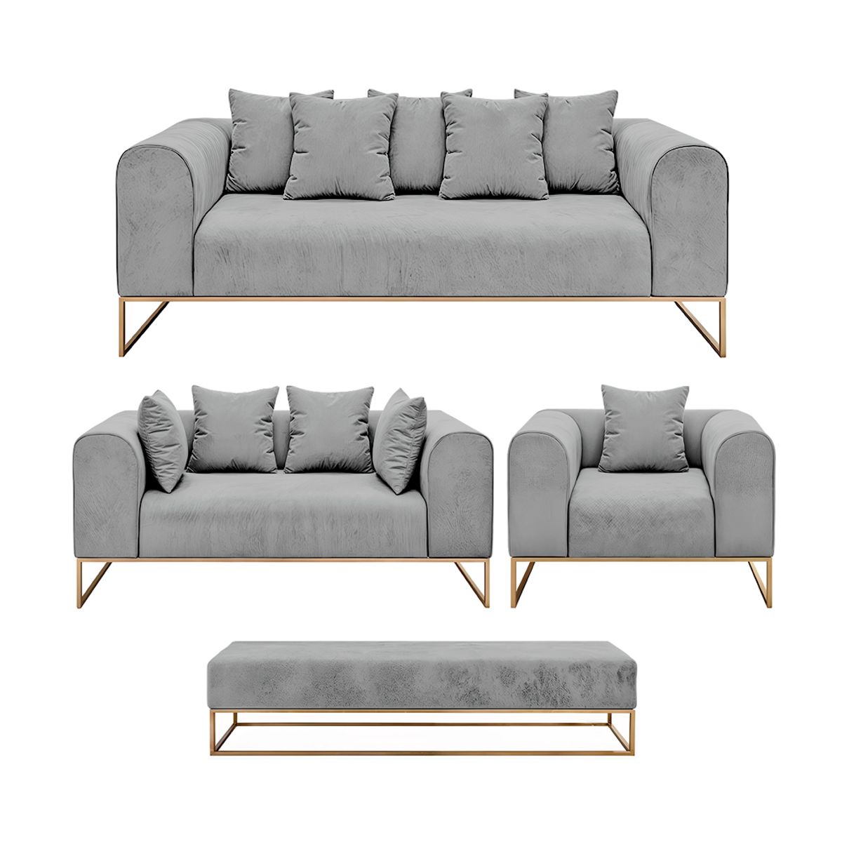 BARAKA HOME - Juego de sala 3 2 1 Luxury Dolneni + Banqueta - Gris claro