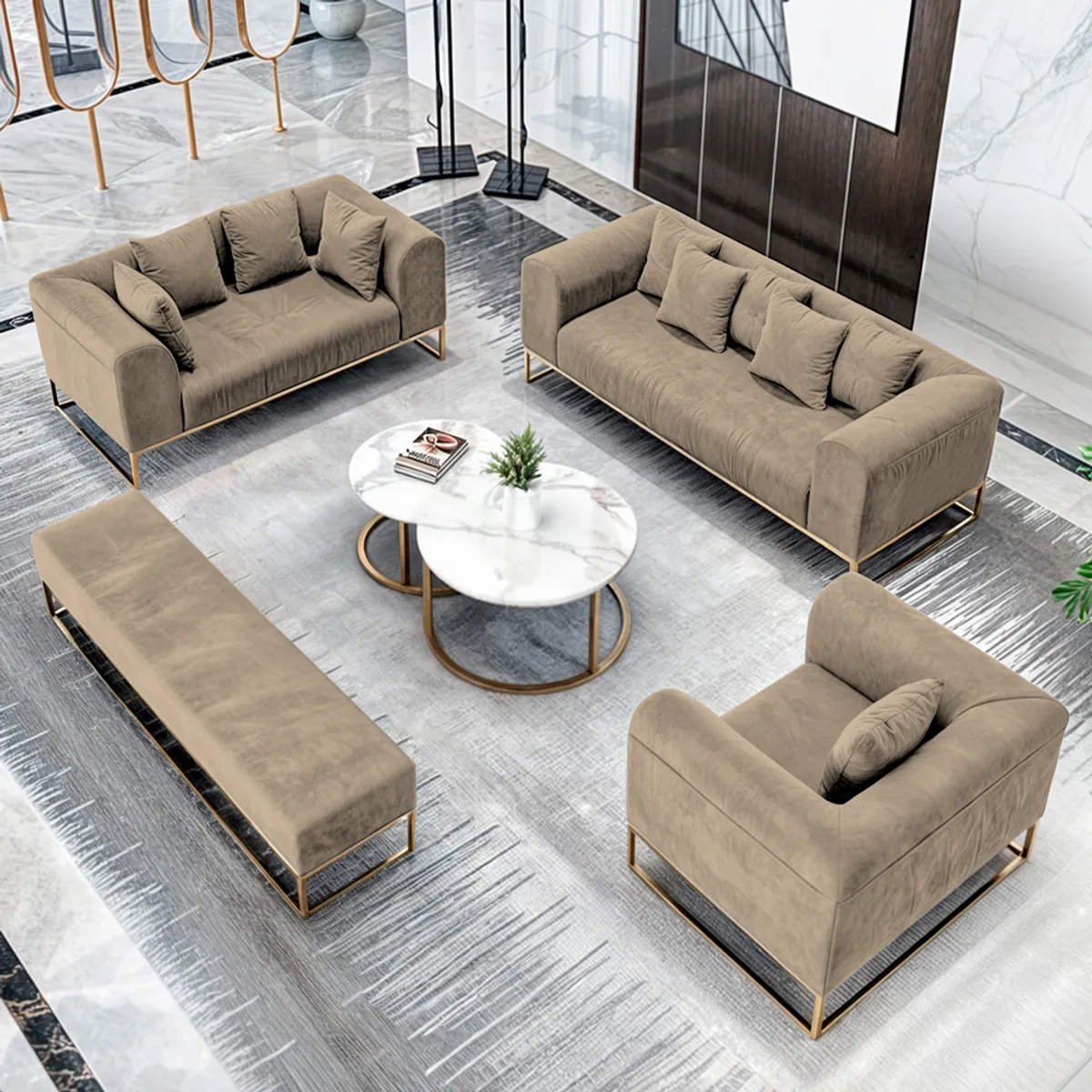 BARAKA HOME - Juego de sala 3 2 1 Dolneni + Banqueta + Mesa de centro - Beige claro