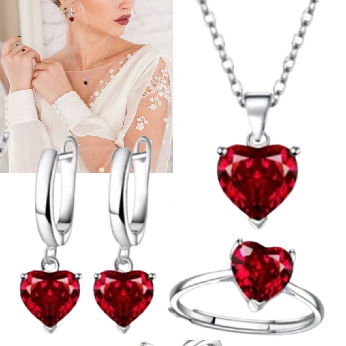 NO LOGO - Juego De Collar Corazón Anillo Aretes Joyería Mujer Regalo