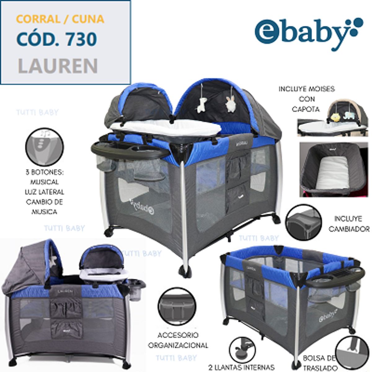 EBABY - CUNA,CORRAL + MOISES 3 EN 1 CON LUZ Y SONIDO/ LAUREN - AZUL