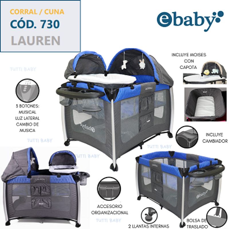 EBABY - CUNA,CORRAL + MOISES 3 EN 1 CON LUZ Y SONIDO/ LAUREN - AZUL