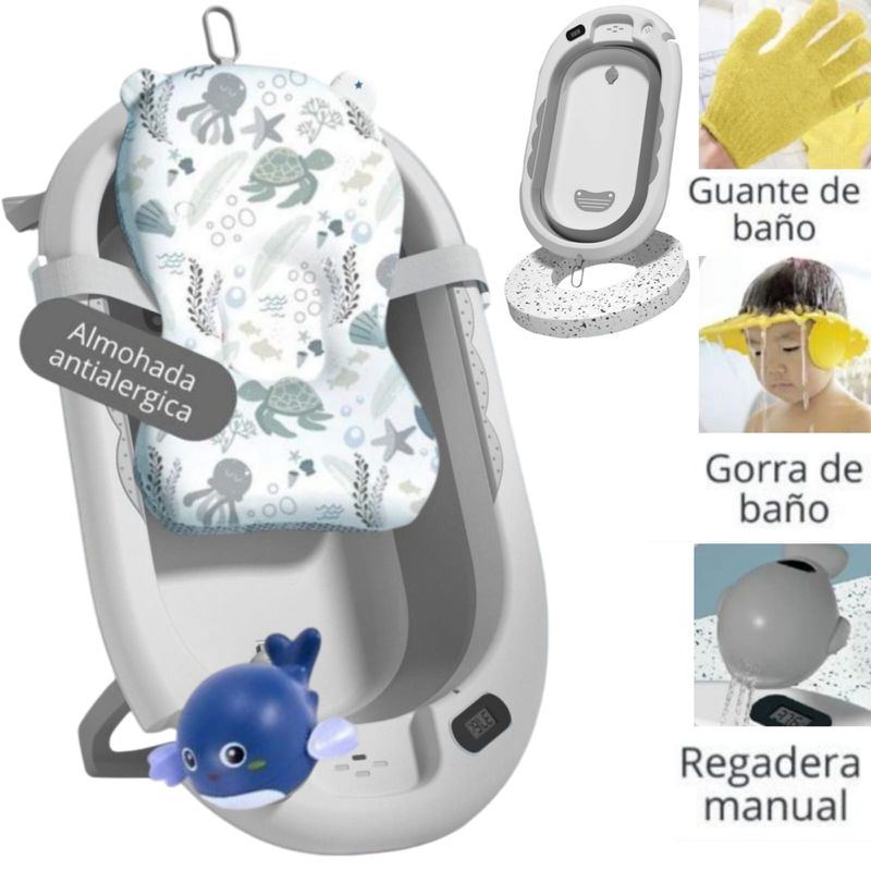 CAM - Bañera plegable +Termómetro gorro regadera guantes PLOMO