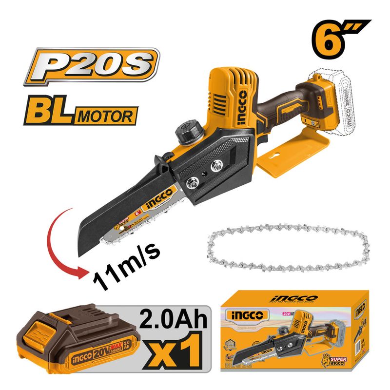INGCO TOOLS - MINI MOTOSIERRA INGCO 20V 6" 15CM 11M/S + 1 BATERÍA 2.0AH CGSLI2068