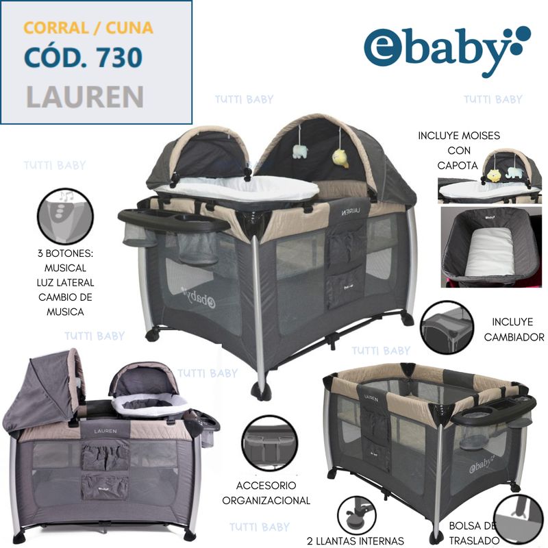 EBABY - CUNA,CORRAL + MOISES 3 EN 1 CON LUZ Y SONIDO/ LAUREN - BEIGE