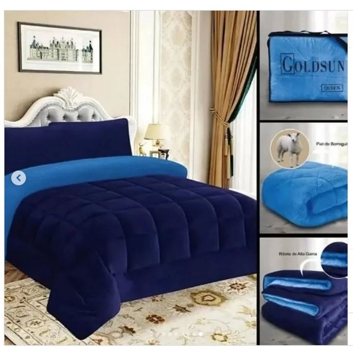 GENERICO - COBERTOR  ANGEL CON REVERSO CON CARNERO 3 PIEZAS 2 Plz azul marino