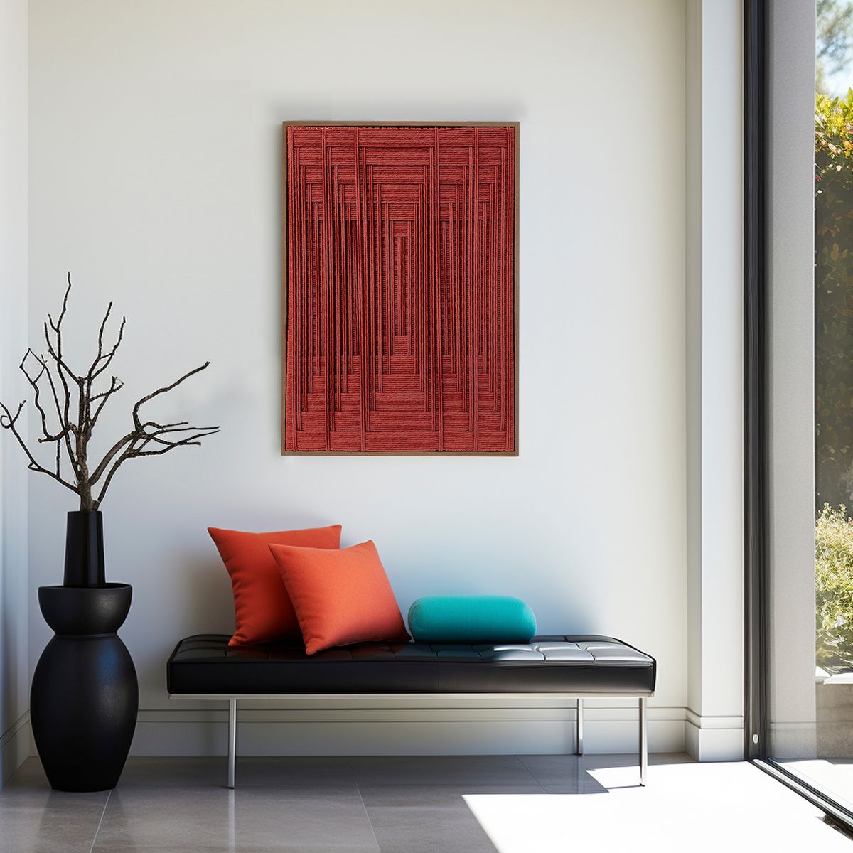 TEJICORP - Cuadro Charlott lienzo trenzado con hilos en color ladrillo