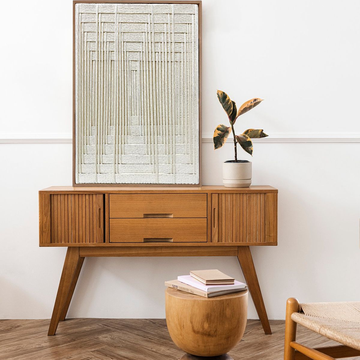 TEJICORP - Cuadro Charlott lienzo trenzado con hilos en color blanco garlic