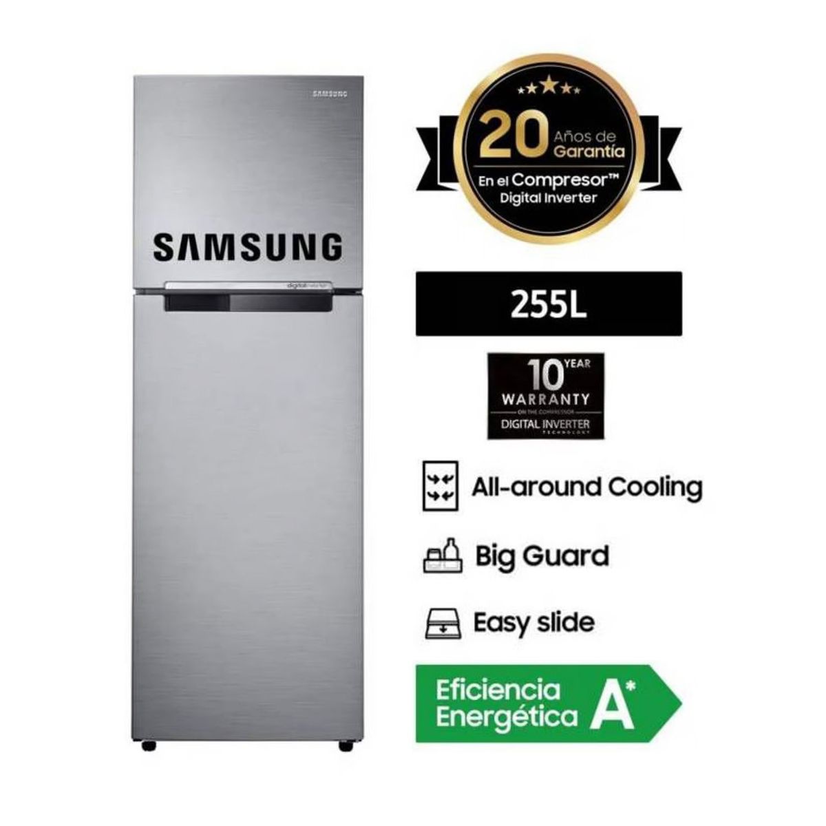 SAMSUNG - Refrigeradora Samsung Top Freezer con Compresor Digital Inverter 255 LT RT25FARADS8