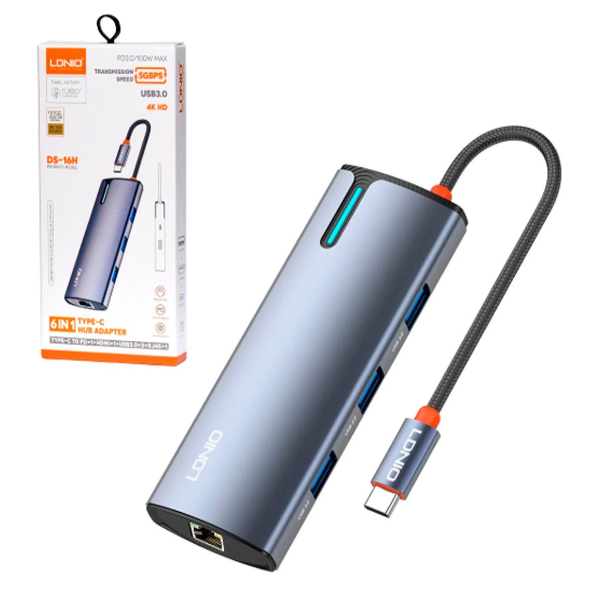 LDNIO - Adaptador Hub Ldnio DS-16H Usb-C A Red 6 En 1Usb30 3Type-C 1Hdmi
