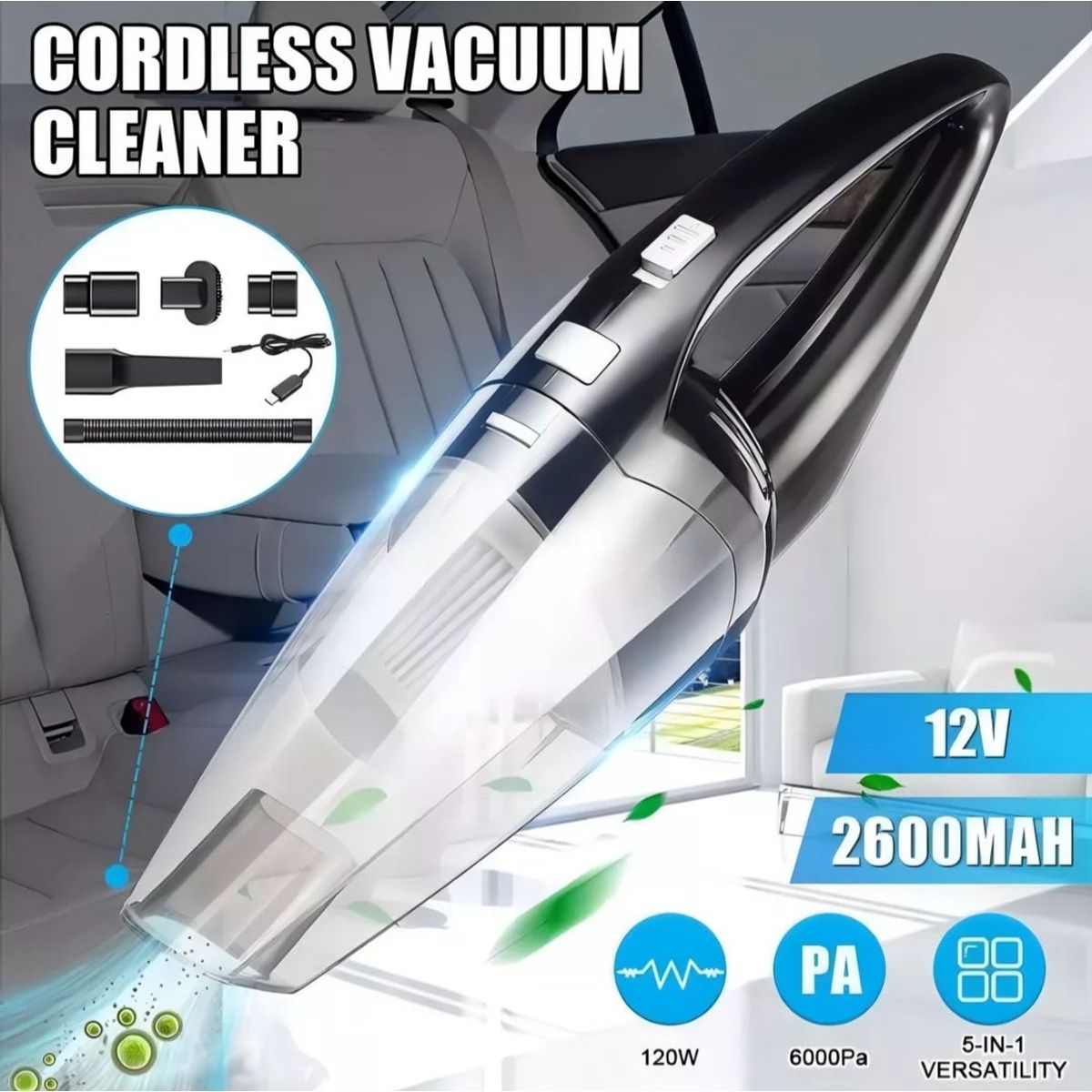 GENERICO - KIT ASPIRADORA PORTATIL INALAMBRICA  PARA AUTOS HOGAR 120W