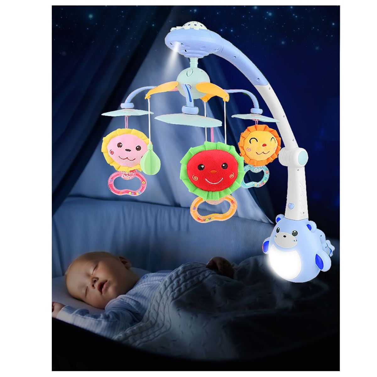 IDEAL - Movil Para Cuna con Proyector Luces y Control Celeste