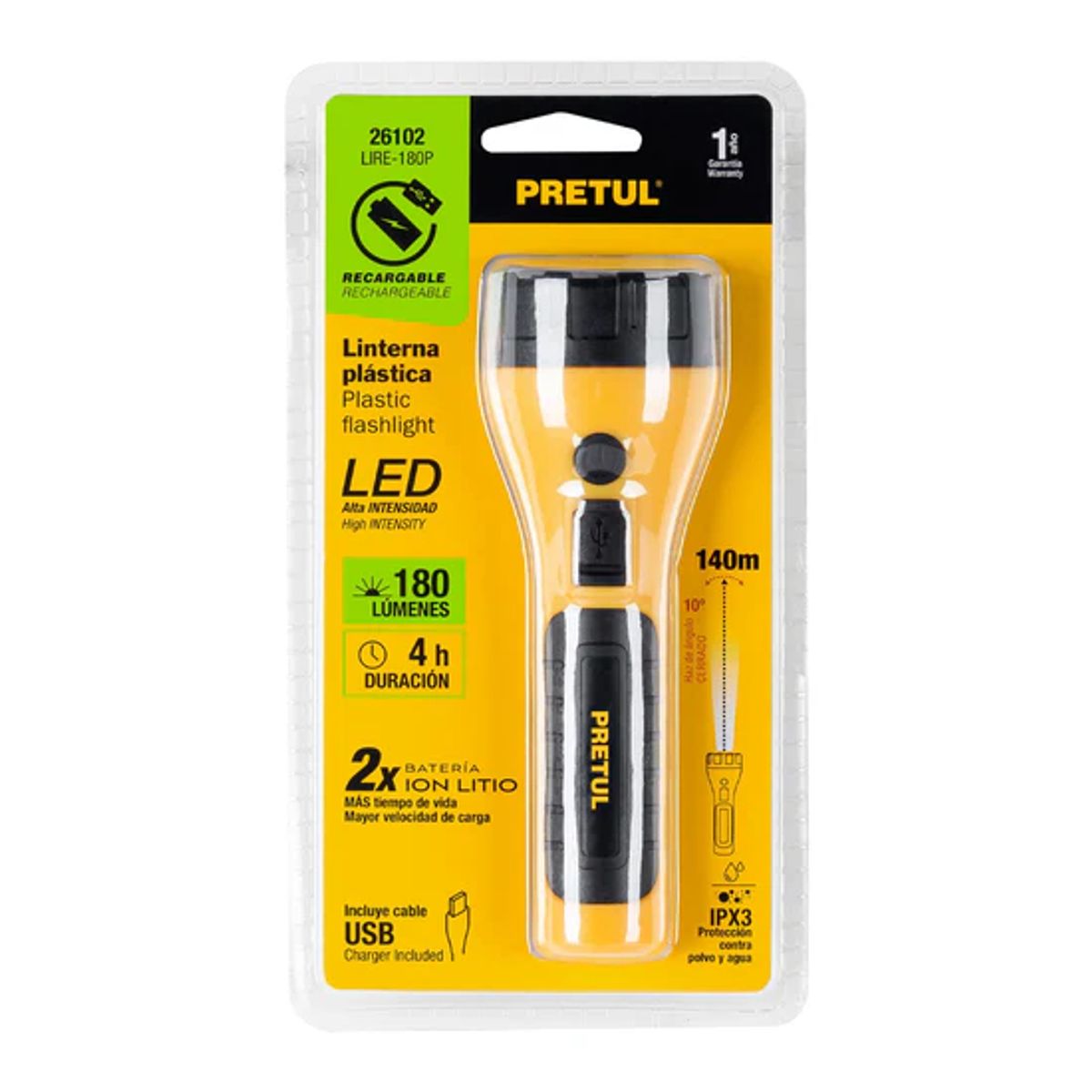 PRETUL - Linterna Plástica Recargable de LED, 180 Lúmenes