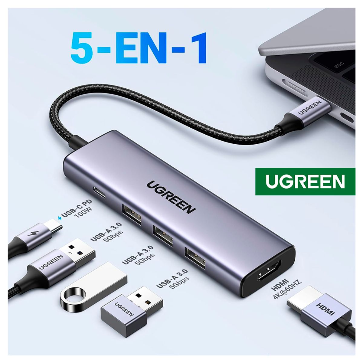UGREEN - Adaptador Multipuertos Ugreen 5en1 Hdmi 4K 30Hz Alumino Tipo C