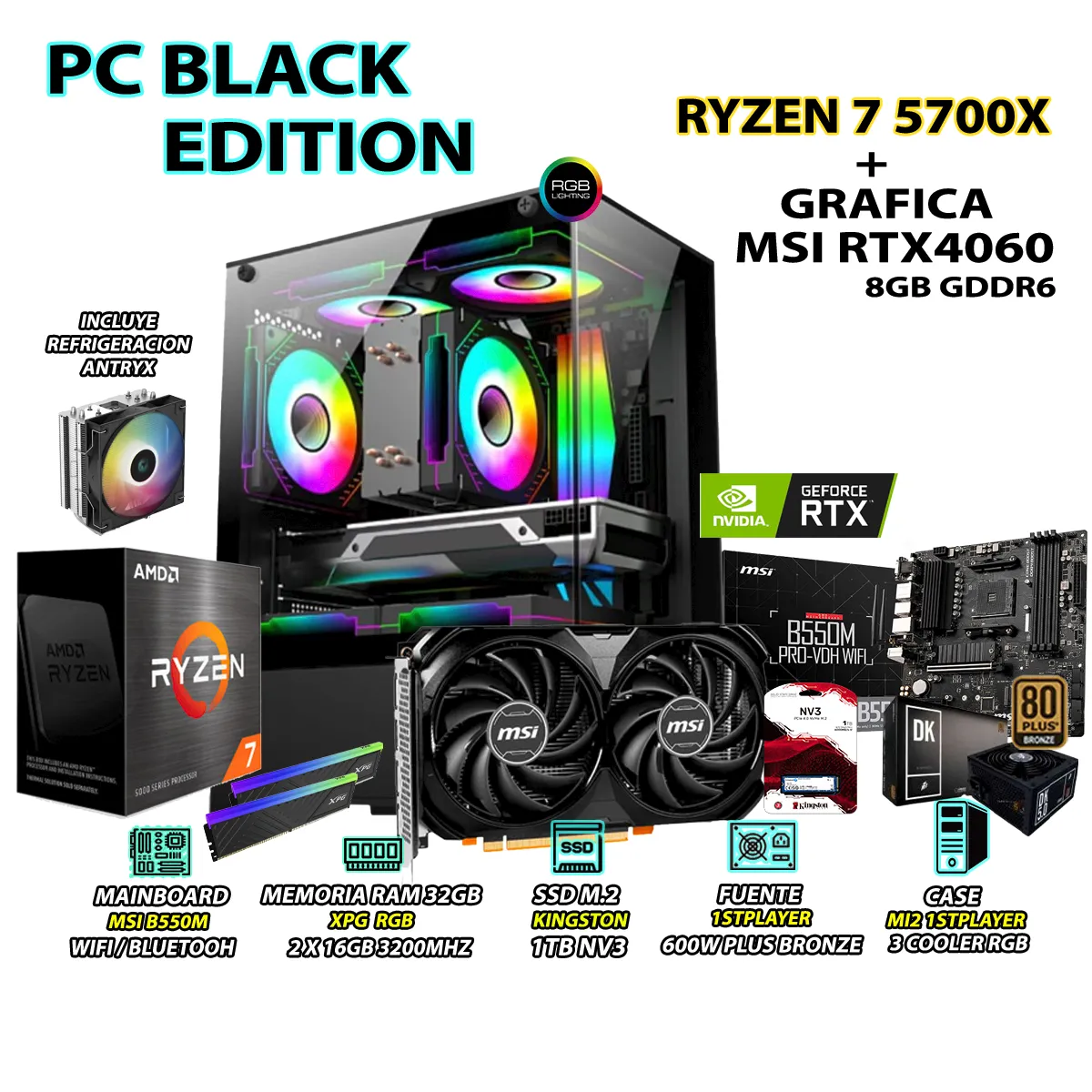 AMD - Computadora PC RYZEN 7 5700X RAM 32GB SSD 1TB GRAFICA RTX 4060 8GB