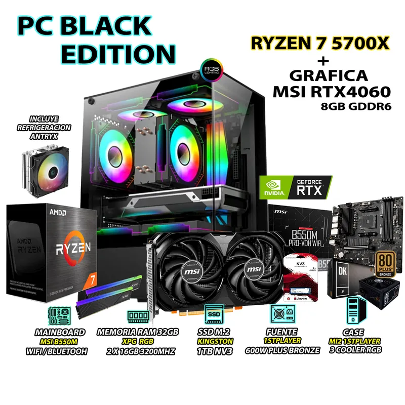 AMD - Computadora PC RYZEN 7 5700X RAM 32GB SSD 1TB GRAFICA RTX 4060 8GB