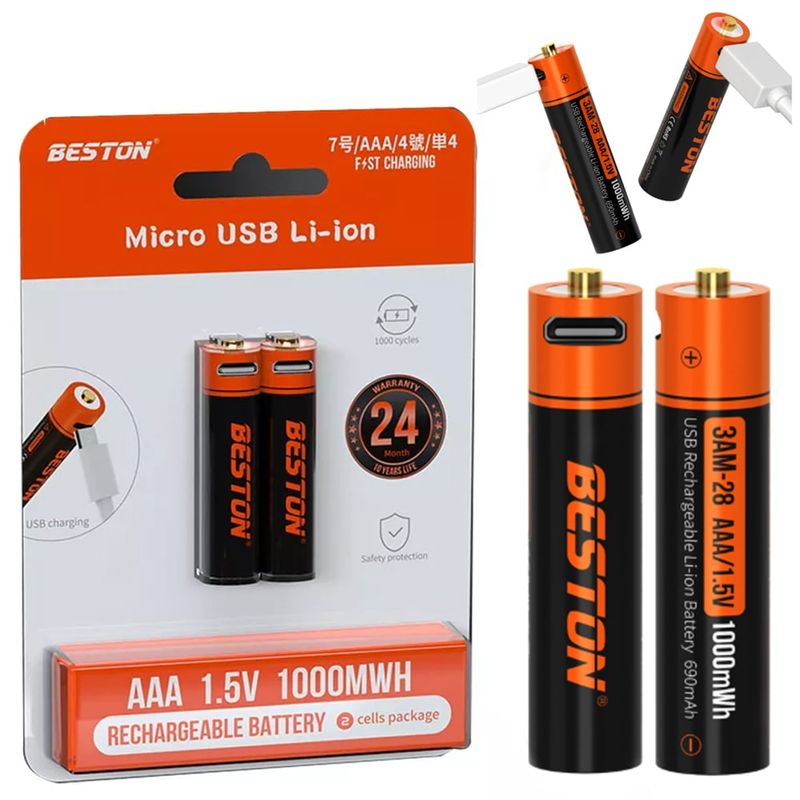 BESTON - 2 Baterias de litio recargable AAA pilas 1.5V 1000nWh BESTON Mcro USB