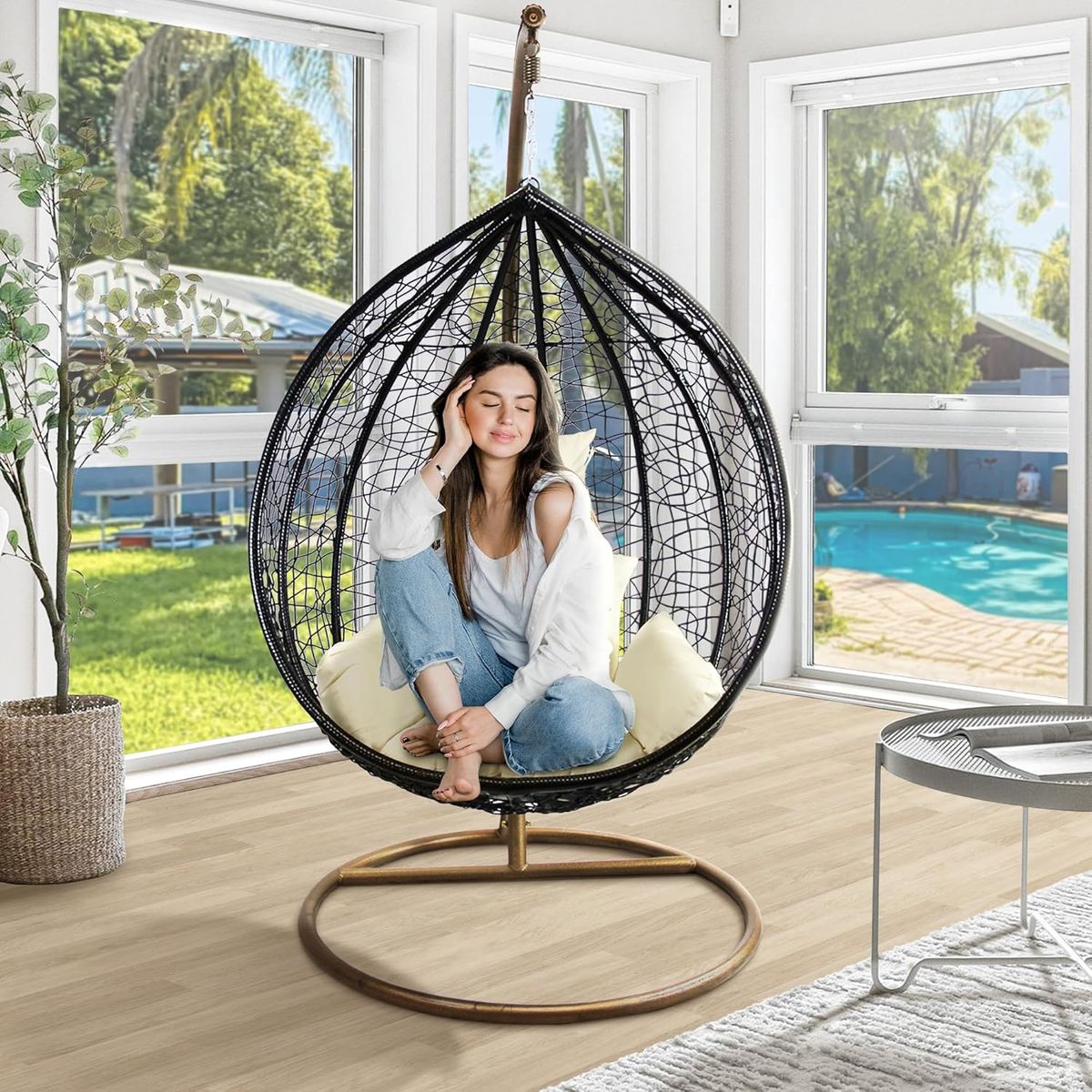 GENERICO - SILLA SILLÓN COLGANTE DE ACERO CARBONO RATÁN TERRAZA JARDÍN PLAYA CAMPING EXTERIOR O INTERIOR NEGRO