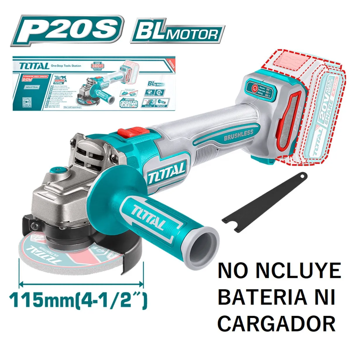 TOTAL TOOLS - Amoladora Angular 4½ Pulgadas Inalámbrica A Batería 20v - Sin Carbones