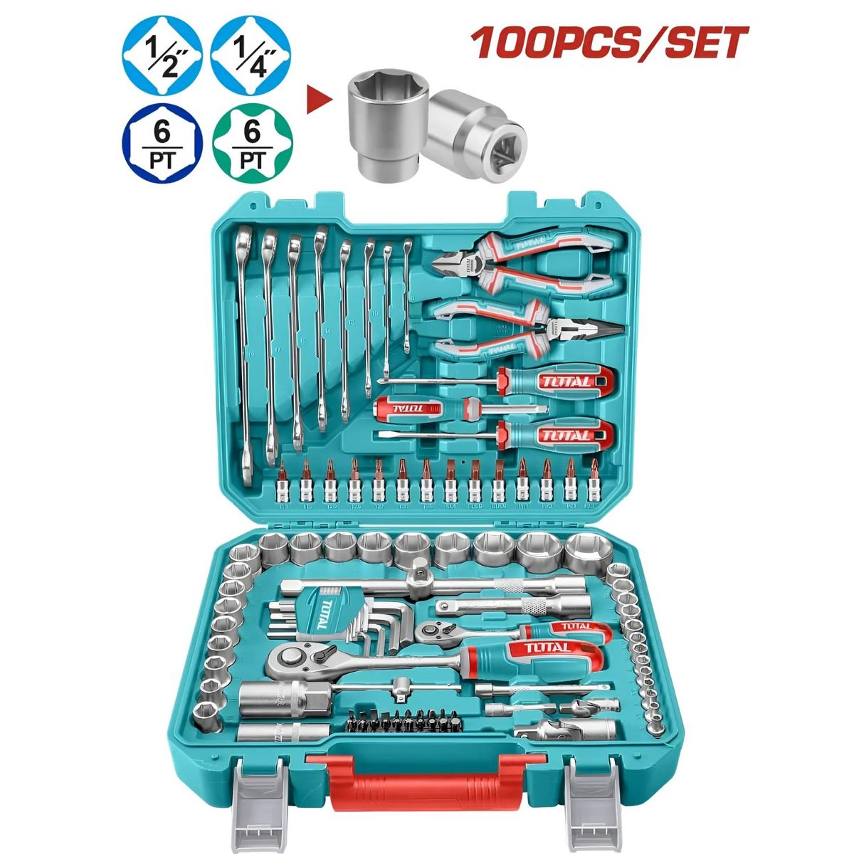 TOTAL TOOLS - Set De Herramientas Ratchet 100 piezas Maletin Industrial - THKTHP21006