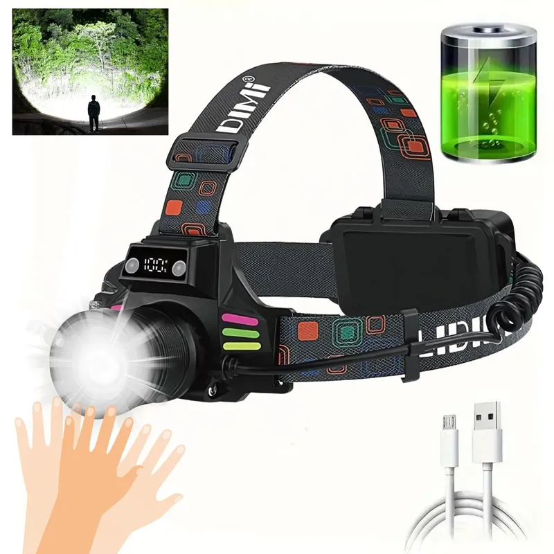 LIDIMI - Linterna Frontal Súper Brillante 1.200 Lm con Zoom y Sensor