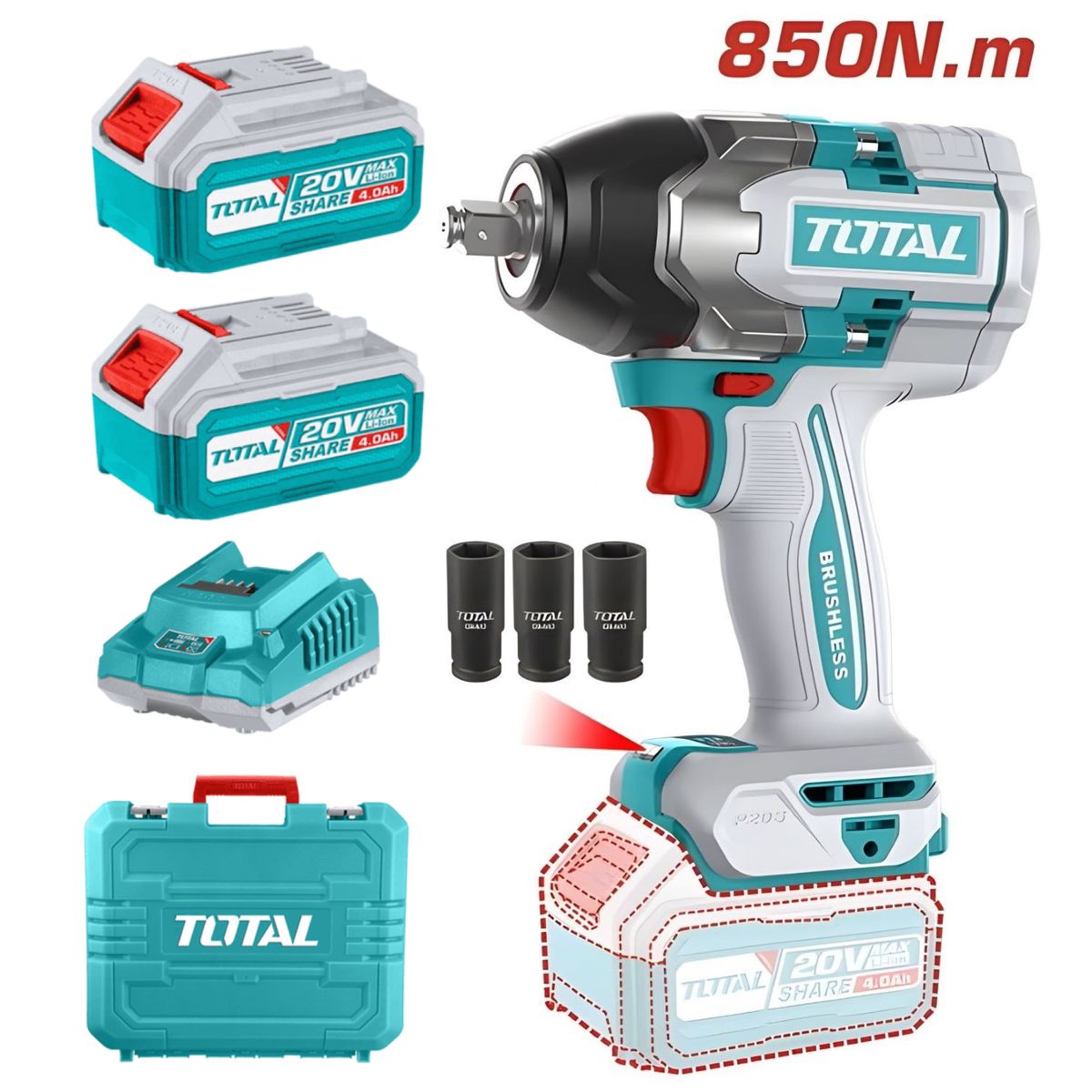 TOTAL TOOLS - Llave de impacto ½ 20v 850nm brushless total - TIWLI2085