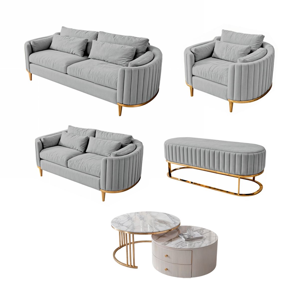 BARAKA HOME - Juego de sala 3 2 1 Serris + Banqueta + Mesa de centro - Gris claro