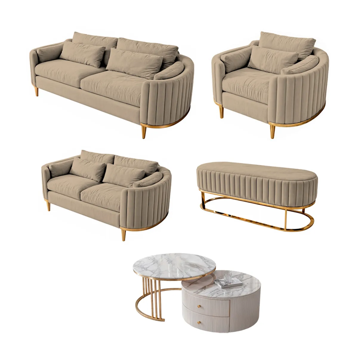 BARAKA HOME - Juego de sala 3 2 1 Serris + Banqueta + Mesa de centro - Beige claro