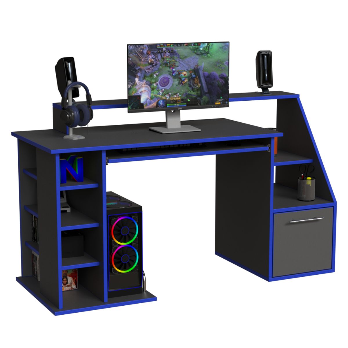 MUEBLES MACRUMO - ESCRITORIO GAMER COMPARTIMIENTOS Y REPISAS INC ARMADO