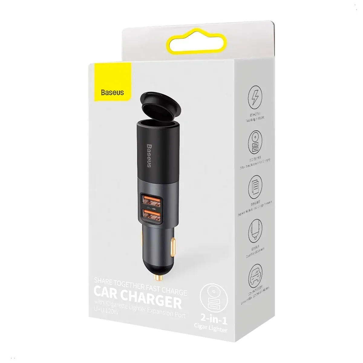 BASEUS - Cargador Cigarrera de Auto Carro Baseus MP3 Carga Rapida 120w