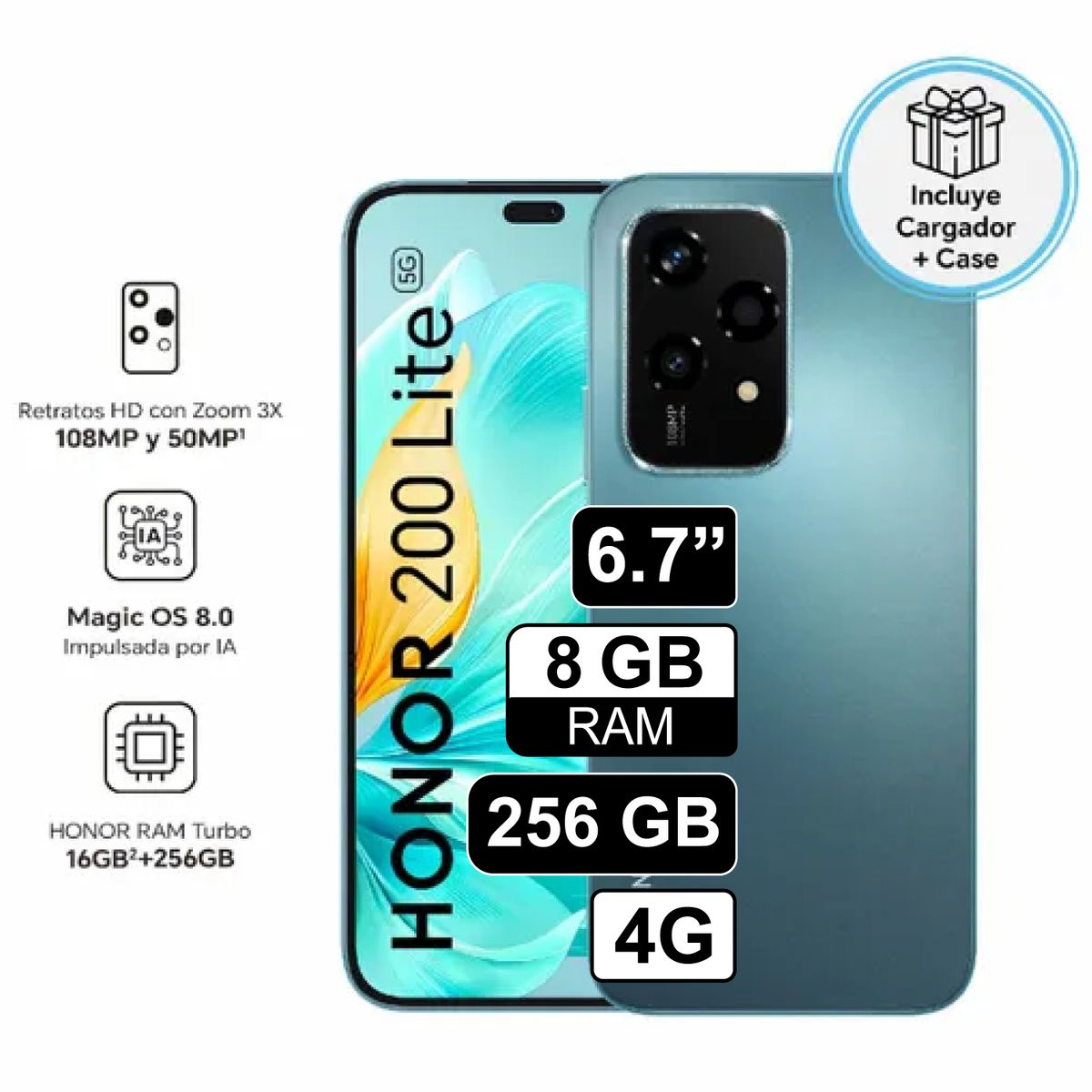 HONOR - Celular Libre Honor 200 Lite 6.7" 256GB 8GB RAM Cyan Lake