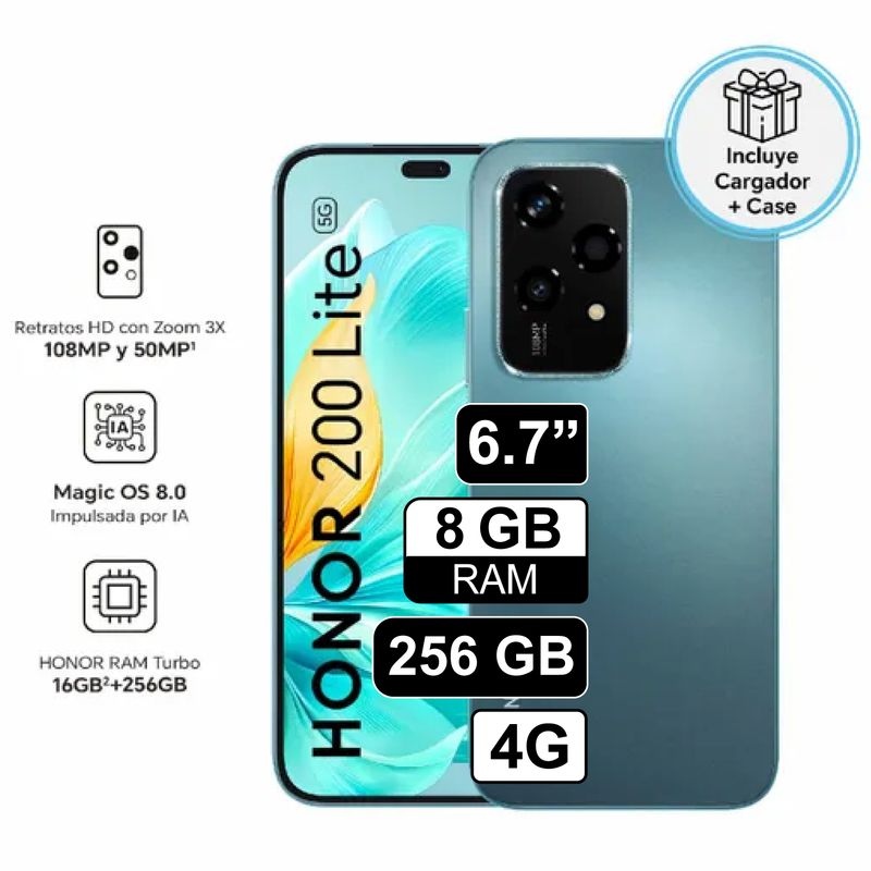 HONOR - Celular Libre Honor 200 Lite 6.7" 256GB 8GB RAM Cyan Lake