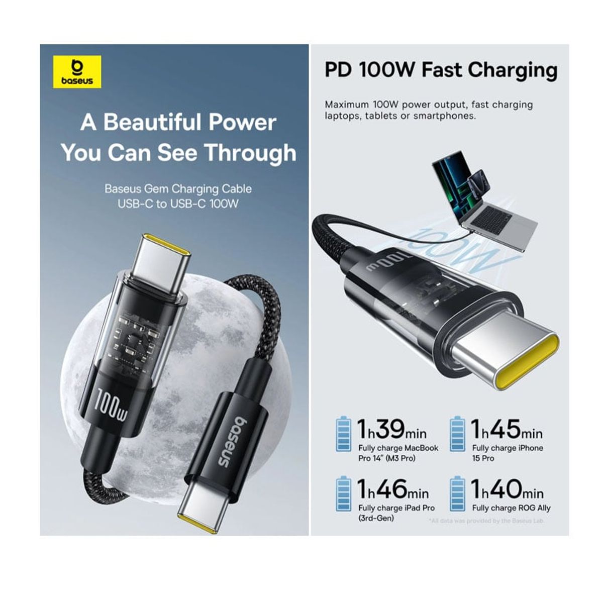 BASEUS - Cable Baseus USB-C a USB-C 100W 1M Para Macbook iPhone 16 Galaxy Pixel